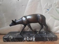Ancien bronze sur socle marbre noir animalier biche Art déco S. M
