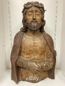Ancien buste de Christ en bois polychrome XVIIème siècle