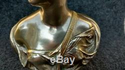 Ancien buste en Bronze Diane Chasseresse à Double Patine Argentée Et Doré