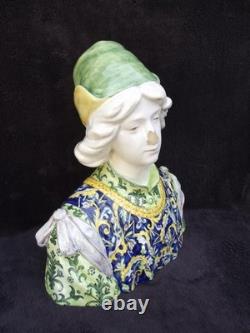 Ancien buste en faience italienne XIX ANGELO. MINGHETTI HT 27 CM jeune homme