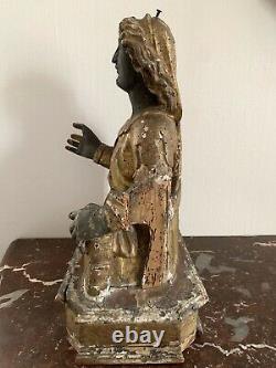 Ancien buste reliquaire sculpture statue de sainte religieuse en bois doré XVII