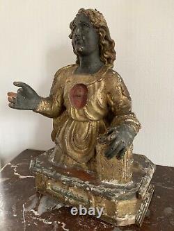 Ancien buste reliquaire sculpture statue sainte vierge religieuse bois doré XVII