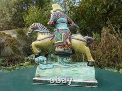 Ancien cavalier cheval chinois grande statue céramique émaillée tuile faîtière