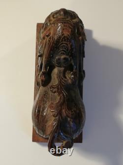 Ancien chien Fô (lion gardien) en bois laqué sculpture asiatique 16,5×6,5×12 cm
