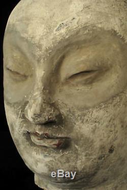 Ancien fragment sculpture torchis tête Bouddha / Décoration bouddhiste religion