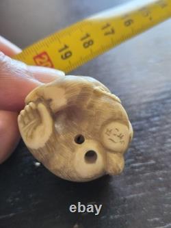 Ancien netsuke japonais XIXe singe à la pêche signé sculpture 3 cm
