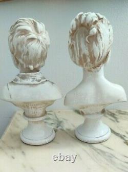 Ancien paire de bustes Louise et Alexandre en terre cuite vernissée, signé J. P