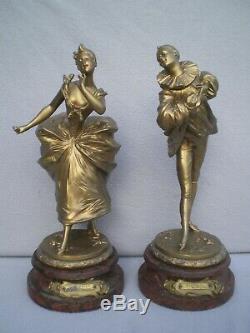 Ancien paire de sculpture 19th BRUYNEEL pierrot colombine antique statue figural