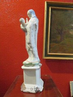 Ancien statue sculpture epoque XVIIIe vierge enfant ste Anne en faience emaillée