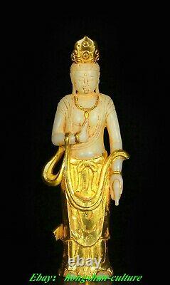 Ancien support en or naturel Hetian Jade Statue de la déesse Kwan-Yin Guan Yin