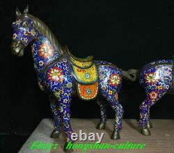 Ancienne Chine Bronze Cloisonné Émail Succès Animal Cheval Statue Paire