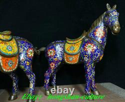 Ancienne Chine Bronze Cloisonné Émail Succès Animal Cheval Statue Paire