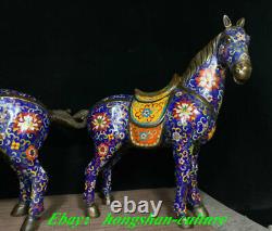 Ancienne Chine Bronze Cloisonné Émail Succès Animal Cheval Statue Paire