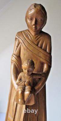 Ancienne Grande unique Sculpture Statue Bois Sculpté Vierge Marie à enfant