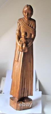 Ancienne Grande unique Sculpture Statue Bois Sculpté Vierge Marie à enfant