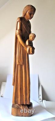 Ancienne Grande unique Sculpture Statue Bois Sculpté Vierge Marie à enfant