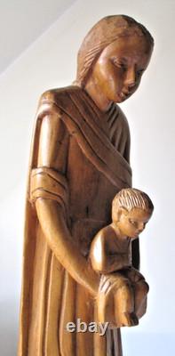 Ancienne Grande unique Sculpture Statue Bois Sculpté Vierge Marie à enfant