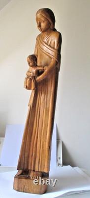 Ancienne Grande unique Sculpture Statue Bois Sculpté Vierge Marie à enfant