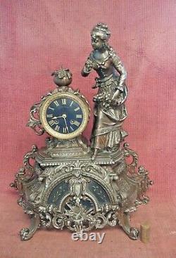 Ancienne Pendule Horloge Marbre Et Regule Sculpture Statue XIX