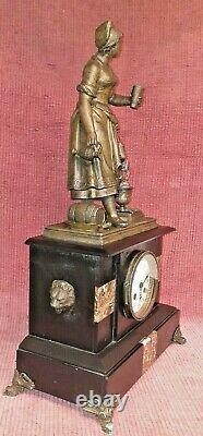 Ancienne Pendule Paris Horloge Bronze Régule Marbre Statue Sculpture XIX
