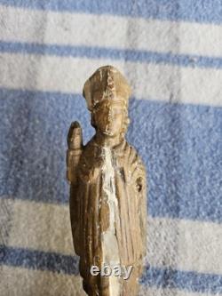 Ancienne Petite Sculpture Religieuse en Bois Saint Évêque Époque 17ème 18ème