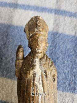 Ancienne Petite Sculpture Religieuse en Bois Saint Évêque Époque 17ème 18ème