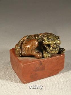Ancienne Petite Sculpture Statue Bronze Lion Couche Chine
