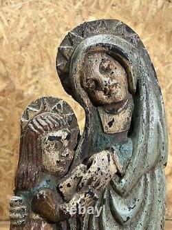 Ancienne Sainte Vierge à l'enfant Jésus, Sculpture en bois polychrome