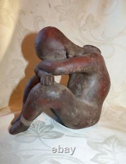 Ancienne Satuette Sculpture Terre Cuite Pichet Homme Assis Origine Asie Chine