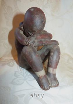 Ancienne Satuette Sculpture Terre Cuite Pichet Homme Assis Origine Asie Chine