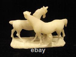 Ancienne Sculpture Animaliere Marbre Blanc Statue Groupe De Chevaux Horse