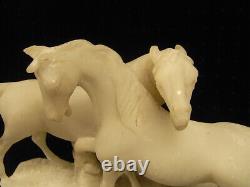 Ancienne Sculpture Animaliere Marbre Blanc Statue Groupe De Chevaux Horse