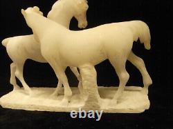 Ancienne Sculpture Animaliere Marbre Blanc Statue Groupe De Chevaux Horse