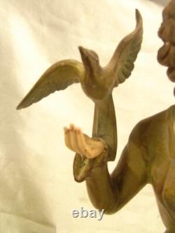Ancienne Sculpture Art Deco Statue Femme A L Oiseau Metal D'art