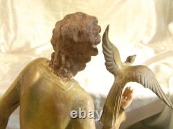 Ancienne Sculpture Art Deco Statue Femme A L Oiseau Metal D'art