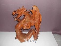 Ancienne Sculpture Fait Main Grand Dragon En Bois Exotique 43cm