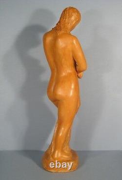 Ancienne Sculpture Statue Terre Cuite Jeune Femme Nue A La Toilette