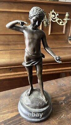 Ancienne Sculpture Statue en Bronze Chérubin Tenant Un Escargot Thomas Somme