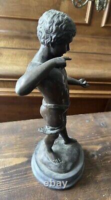 Ancienne Sculpture Statue en Bronze Chérubin Tenant Un Escargot Thomas Somme