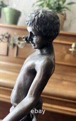 Ancienne Sculpture Statue en Bronze Chérubin Tenant Un Escargot Thomas Somme