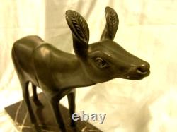 Ancienne Statue Biche Cerf Art Deco Sculpture Animaliere Socle Marbre Chasse