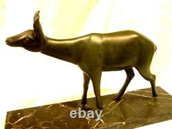 Ancienne Statue Biche Cerf Art Deco Sculpture Animaliere Socle Marbre Chasse
