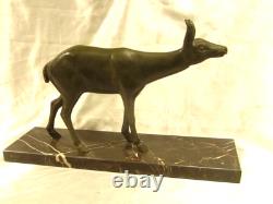 Ancienne Statue Biche Cerf Art Deco Sculpture Animaliere Socle Marbre Chasse