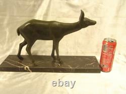 Ancienne Statue Biche Cerf Art Deco Sculpture Animaliere Socle Marbre Chasse