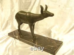 Ancienne Statue Biche Cerf Art Deco Sculpture Animaliere Socle Marbre Chasse