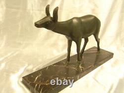 Ancienne Statue Biche Cerf Art Deco Sculpture Animaliere Socle Marbre Chasse