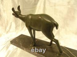 Ancienne Statue Biche Cerf Art Deco Sculpture Animaliere Socle Marbre Chasse