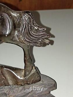 Ancienne Statue Cheval Chinois en bronze sur socle en bois