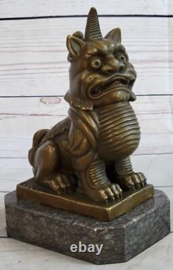 Ancienne Statue De Sculpture De Chien Foo En Bronze Violet Du Tibet Chanceux