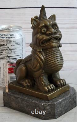Ancienne Statue De Sculpture De Chien Foo En Bronze Violet Du Tibet Chanceux